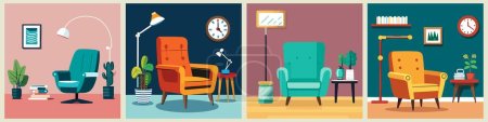 Illustration for Collection of interiors with stylish armchairs and home decorations. Bundle of cozy living rooms or apartments with furniture in trendy Mid century modern style. Cartoon flat vector illustrations. - Royalty Free Image
