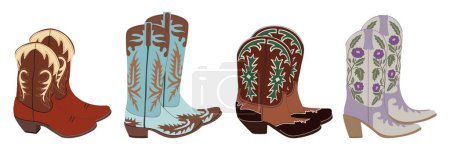 Set of different cowgirl boots. Traditional western cowboy boots decorated with embroidered wild west elements. Realistic vector art illustrations isolated on white background. Digital stickers.