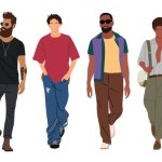 Street fashion men vector illustration. Different men wearing trendy modern street style summer outfit standing and walking. Cartoon style vector realistic illustration isolated on white background.