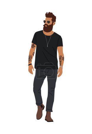 Illustration for Stylish man in street fashion outfit. Bearded guy wearing modern casual clothes, black jeans, t-shirt, sunglasses with tattoo. Vector realistic illustration isolated on white background. - Royalty Free Image
