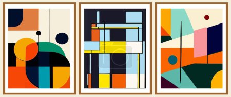 Illustration for Set of Bauhaus retro posters. Background, vector abstract wall art inspired by postmodernism. Vintage Mid Century modern 60s, 70s graphic design covers. Colorful geometric Vector compositions. - Royalty Free Image