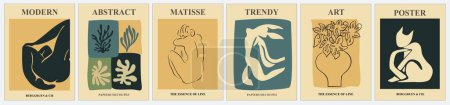 Téléchargez les illustrations : Ensemble d'affiches abstraites aux couleurs bleu et jaune modernes. Trendy Matisse a inspiré l'art mural contemporain pour les intérieurs scandinaves ou japonais. Design minimaliste esthétique. Illustrations vectorielles. - en licence libre de droit