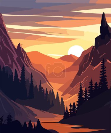 Sunset in Mountains landscape abstract art background. Minimalist design with sun, tree silhouettes, river in dramatic vivid colors. Abstract vector art wallpaper for prints, banner, wall art, cover.