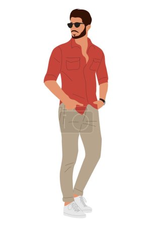 Illustration for Stylish young man wearing summer street fashion outfit. Handsome Business man character in smart casual office clothes, sunglasses. Vector realistic people illustration isolated on white background. - Royalty Free Image