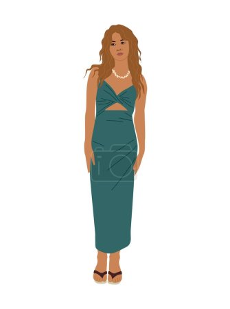 Schöne junge Frau in Modekleidung für Abend oder Cocktailparty, Veranstaltung. Hübsches Mädchen Charakter trägt stilvolle Kleidung, Schuhe. Flache Vektor realistische Darstellung isoliert auf weißem Hintergrund.