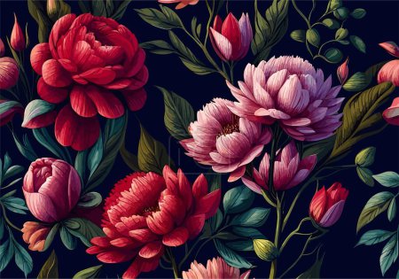 Kwiat abstrakcyjny tło sztuki z różowym i czerwonym piwonii, kwiaty róży i liście. Eleganckie ciemne tło. Kolorowy wektor ilustracji na czarnym tle. Baner, projekt kart, zaproszenia.