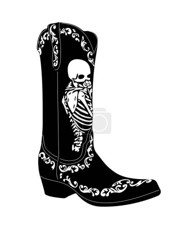 Illustration for Cowgirl boots black and white monochrome graphic. Cowboy boots decorated with skeleton drawing stylized hand drawn vector illustration isolated on white background. Wild West concept. - Royalty Free Image