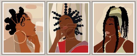 Illustration for Abstract black women contemporary poster, wall art design with beautiful African ladies on neutral earthy colors background. Gorgeous girls with exotic hairstyle vector bohemian art illustration. - Royalty Free Image