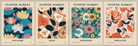 Illustration for Set of abstract flower market posters. Trendy botanical wall arts with floral design in danish pastel colors. Modern naive groovy funky interior decorations, paintings. Vector art illustration - Royalty Free Image