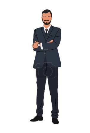 Illustration for Businessman character standing with his arms crossed. Handsome bearded man wearing formal suit and tie. Vector realistic illustration isolated on white background. - Royalty Free Image