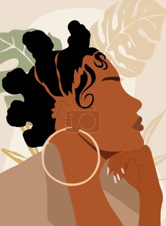 Illustration for Abstract black woman contemporary poster, wall art design with beautiful African lady on neutral earthy colors background. Gorgeous girl with exotic hairstyle vector bohemian art illustration. - Royalty Free Image