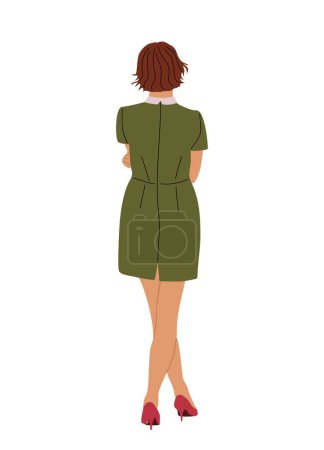 Illustration for Young Woman standing full length rear view. Businesswoman in smart casual clothes from behind, turned back. Cartoon girl Character backside. Vector realistic illustration isolated on white background. - Royalty Free Image