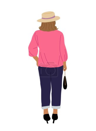 Illustration for Woman standing rear view. Businesswoman in casual clothes and hat with bag from behind, turned back. Cartoon female Character backside. Vector realistic illustration isolated on white background. - Royalty Free Image