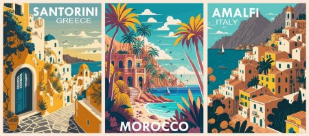 Illustration for Set of Travel Destination Posters in retro style. Santorini Greece, Morocco, Amalfi Coast Italy prints. European summer vacation, holidays concept. Vintage vector colorful illustrations. - Royalty Free Image