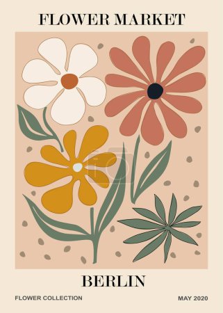 Illustration for Abstract Flower Market Berlin poster. Trendy botanical wall art with floral design in danish pastel colors. Modern naive groovy funky interior decoration, painting, print. Vector art illustration. - Royalty Free Image