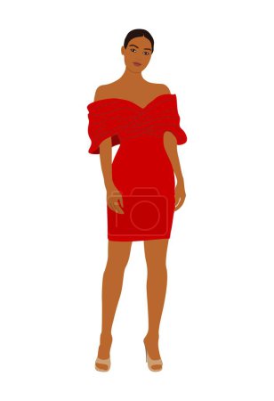 Ilustración de Hermosa mujer en vestido de moda para la noche o fiesta de cóctel, evento. Chica bonita con ropa elegante, vestido rojo. Ilustración realista vectorial aislada sobre fondo blanco - Imagen libre de derechos
