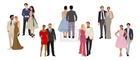 Ilustración de Diverse of multiracial and multinational couples wearing evening formal outfits for celebration, wedding, event, party. Happy men and women in gorgeous clothes vector realistic illustration isolated. - Imagen libre de derechos