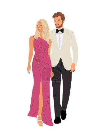 Hermosa pareja vistiendo traje formal de noche para la celebración, boda, evento, fiesta. Feliz hombre y mujer en hermoso vector de ropa ilustración realista aislado sobre fondo blanco.