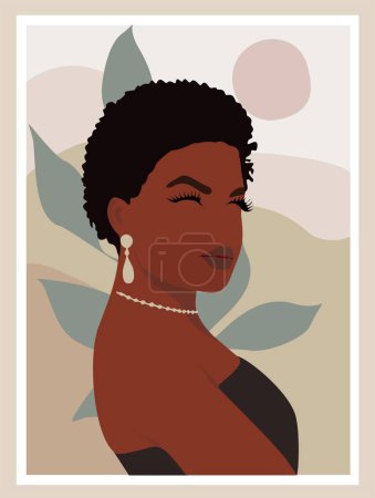 Illustration for Abstract black woman contemporary poster, wall art design with beautiful African lady on neutral earthy colors background. Gorgeous girl with exotic hairstyle vector bohemian art illustration. - Royalty Free Image