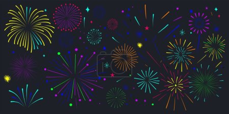 Firework festival celebration background. Festive show in night sky. Exploding Flashes of salutes. Holiday entertainment scene. Colorful flat vector cartoon illustration on dark blue background.