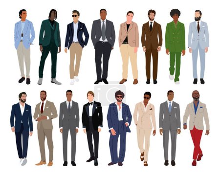 Illustration for Set of elegant businessmen wearing smart casual and formal outfit. Collection of handsome male characters different races, body types. Vector flat realistic illustration isolated on white background. - Royalty Free Image