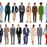 Set of elegant businessmen wearing smart casual and formal outfit. Collection of handsome male characters different races, body types. Vector flat realistic illustration isolated on white background.
