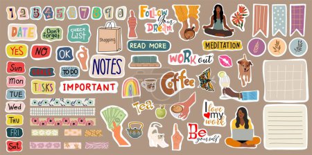 Illustration for Set of weekly, daily planner stickers. Cute cartoon image, trendy lettering, washi tape for diaries. Signs, symbols, objects for scheduler or organizer. Colorful vector illustrations. - Royalty Free Image