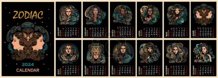 Illustration for Zodiac calendar template for 2024 . Vertical design with magic female characters. Astrology horoscope vector art illustration page template A3, A2 for wall monthly calendar. Week starts on Sunday. - Royalty Free Image