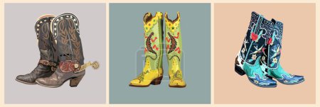 Ensemble de différentes bottes de cowgirl - turquoise, marron, jaune. Bottes de cow-boy occidentales traditionnelles décorées avec ornement ouest sauvage brodé. Illustration vectorielle réaliste isolée sur fond neutre.