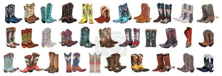 Big collection of different cowgirl boots. Traditional western cowboy boots bundle decorated with embroidered wild west ornament. Realistic vector art illustrations isolated on white background.