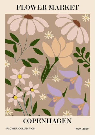 Illustration for Abstract Flower Market Copenhagen poster. Trendy botanical wall art with floral design in danish pastel colors. Modern naive groovy funky interior decoration, painting. Vector illustration. - Royalty Free Image