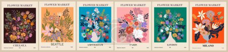 Illustration for Set of abstract Flower Market posters. Trendy botanical wall arts with floral design in bright colors. Modern naive groovy funky interior decorations, paintings. Vector art illustration. - Royalty Free Image