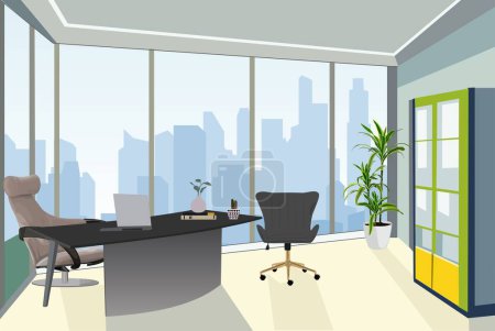 Téléchargez les illustrations : Modern office interior. Inside of empty comfortable business space. Workplace with furniture, manager desk, arm chairs, plant, laptop, panoramic window with urban cityscape. Vector illustration scene. - en licence libre de droit