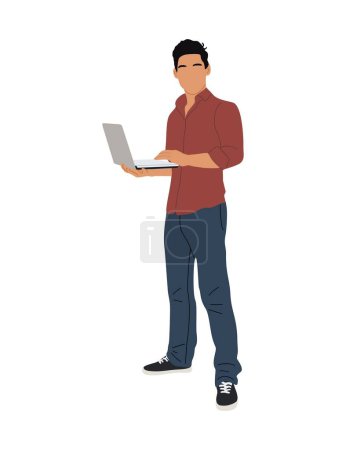 Illustration for Young Businessman working at laptop. Handsome man wearing smart casual office outfit standing and looking at computer. Vector realistic illustration isolated on white background. - Royalty Free Image