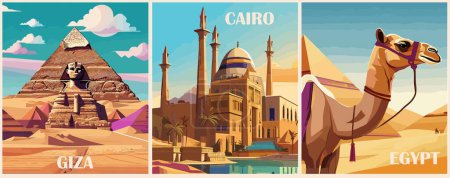 Illustration for Set of Travel Destination Posters in retro style. Cairo, Giza, Egypt prints with pyramids and camel on the background. Summer vacation, international holidays concept. Vintage vector illustrations. - Royalty Free Image