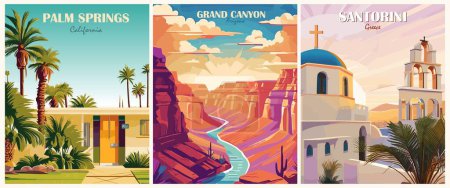 Illustration for Set of Travel Destination Posters in retro style. Palm Springs, California, Grand Canyon, Arizona, USA, Santorini Greece prints. Summer vacation, holidays concept. Vintage vector illustrations. - Royalty Free Image