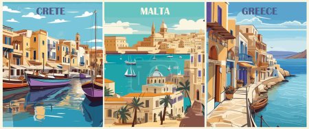 Ensemble d'affiches de destination de voyage dans un style rétro. Crète, Réthymnon, Grèce, La Valette, Malte gravures. Vacances d'été européennes, concept de vacances. Illustrations colorées vectorielles vintage.