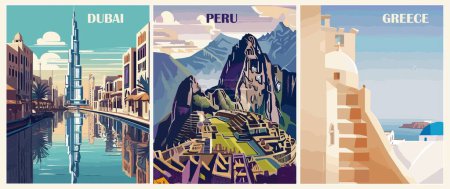 Set von Reiseziel-Plakaten. Dubai, Vereinigte Arabische Emirate, Machu Picchu, Peru, Santorin, Griechenland. Exotischer Sommerurlaub, internationales Urlaubskonzept. Vektor bunte Illustrationen.