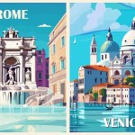 Set of Italy Travel Destination Posters in retro style. Rome, Venice, Italy prints. European summer vacation, holidays concept. Vintage vector colorful art illustrations.