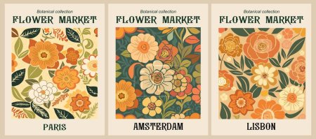 Illustration for Set of abstract Flower Market posters. Trendy botanical wall arts with floral design in earth tone colors. Modern naive groovy funky interior decorations, paintings. Vector art illustration. - Royalty Free Image