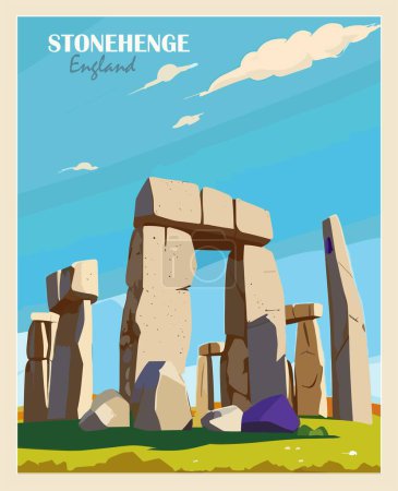 Ilustración de Stonehenge, England Travel Destination Poster en estilo retro. Vacaciones de verano europeas, concepto de vacaciones. Vintage vector colorido ilustración. - Imagen libre de derechos