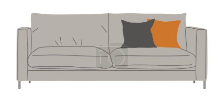 Téléchargez les illustrations : Canapé élégant et confortable gris avec oreillers. Mobilier moderne du milieu du siècle, élément intérieur. Canapé élégant, divan pour design scandinave. Illustration vectorielle plate isolée sur fond blanc. - en licence libre de droit