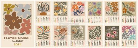 Illustration for Floral calendar template for 2024. Vertical design with abstract flowers. Trendy Flower Market prints. Vector illustration page A3, A2, A1 for printable wall monthly calendar. Week starts on Sunday. - Royalty Free Image