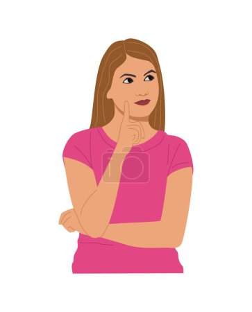 Illustration for Young woman thinking about problems. Thoughtful person in thoughts, difficulty, troubled face expression. Puzzled girl pondering, doubting. Cartoon vector illustration isolated on white background. - Royalty Free Image
