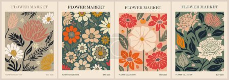 Illustration for Set of abstract Flower Market posters. Trendy botanical wall arts with floral design in danish pastel colors. Modern naive groovy funky interior decorations, paintings. Vector art illustration. - Royalty Free Image