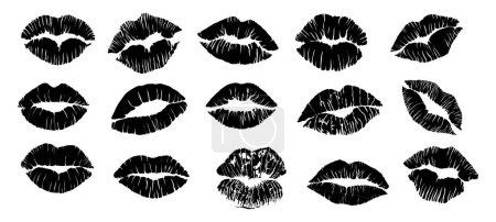 Set of Lipstick kiss print silhouettes. Different shapes female sexy lips. Lips makeup. Female mouth. Imprint of lips kiss vector black outline illustrations isolated on white background.