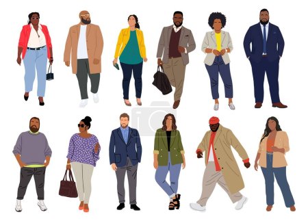 Body positive set of plus size business people in fashion formal and smart casual outfits. Happy men, women with fat curvy bodies standing, walking. Vector illustrations isolated on white background.