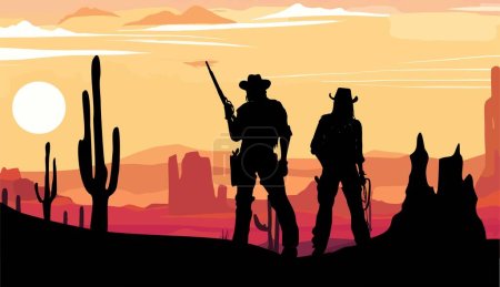 Dos vaqueros de pie con siluetas de pistola y lazo contra fondo paisaje atardecer desierto. Vaquero y vaquera ilustración de arte vectorial. Bandera del desierto del oeste salvaje de Texas.
