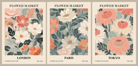 Illustration for Set of abstract Flower Market posters. Trendy botanical wall arts with floral design in trendy sage green colors. Modern naive groovy funky interior decorations, paintings. Vector art illustrations. - Royalty Free Image