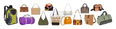 Illustration for Set of various bags. Fashion handbag, cross body, tote, shopper, hobo, clutch, purse, sport, travel bag, backpack. Fashionable accessories. Trendy Vector illustrations isolated on white background. - Royalty Free Image